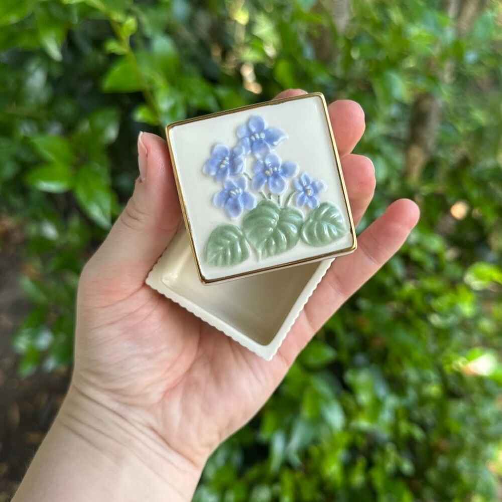 Vintage Lenox Floral Blue Flowers Porcelain Trinket Box 2"